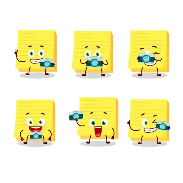 Photographer profession emoticon with sticky notes yellow cartoon character — Stock Vector