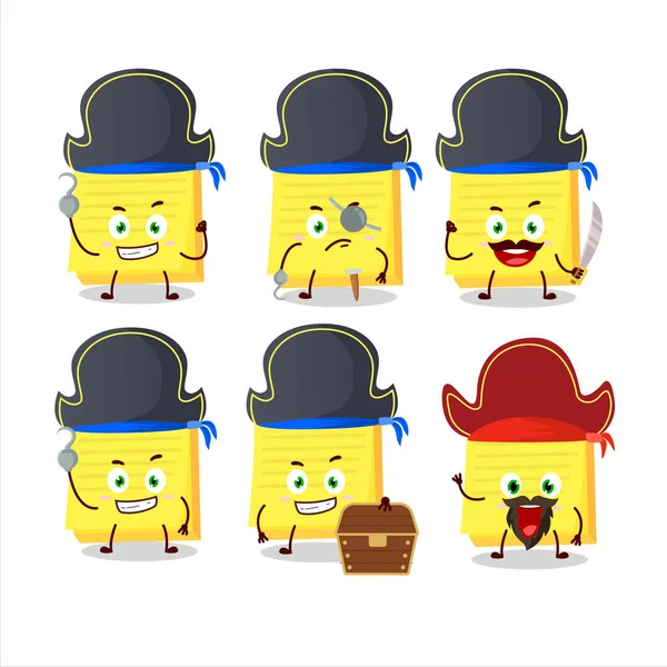 Personaggio dei cartoni animati di note adesive gialle con varie emoticon pirati — Vettoriale Stock