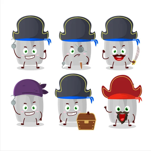 Personaje de dibujos animados de vidrio de lápiz con varios emoticonos piratas — Vector de stock