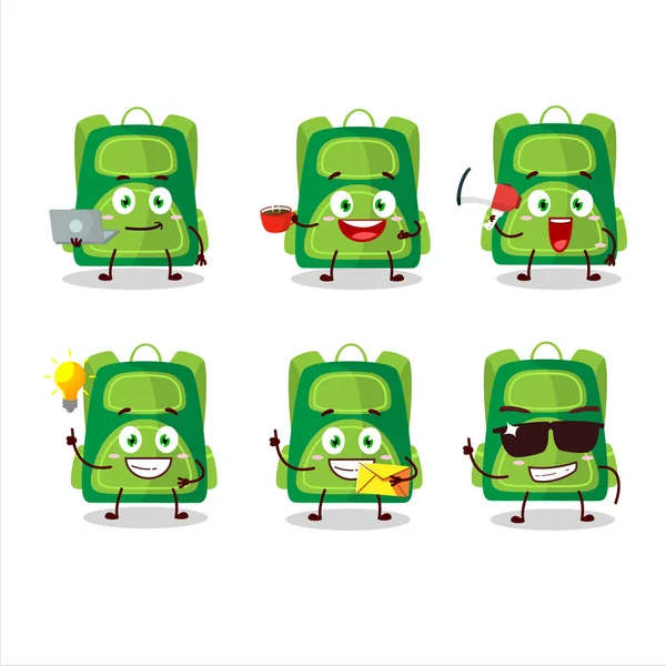 Bolso de la escuela verde personaje de dibujos animados con varios tipos de emoticonos de negocios — Vector de stock