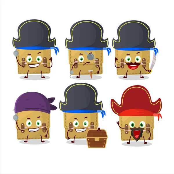 Personaje de dibujos animados de la escuela de la bolsa de honda con varios emoticonos piratas — Vector de stock