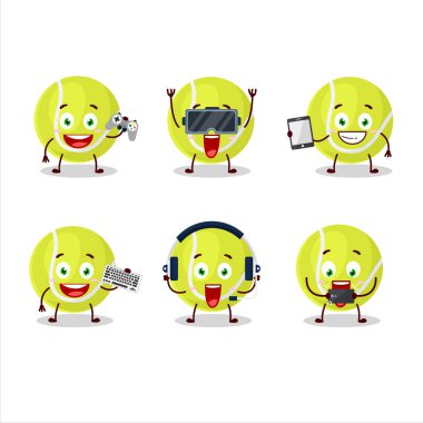 Tenis topu çizgi film karakteri çeşitli şirin ifadelerle oyunlar oynuyor. Vektör illüstrasyonu