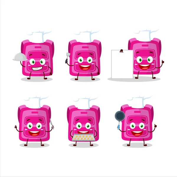 Карикатурный персонаж розовой школьной сумки с различными смайликами повара — стоковый вектор
