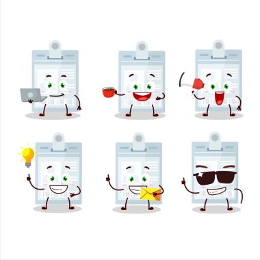 Çeşitli iş simgelerine sahip kimlik kartı çizgi film karakteri. Vektör illüstrasyonu