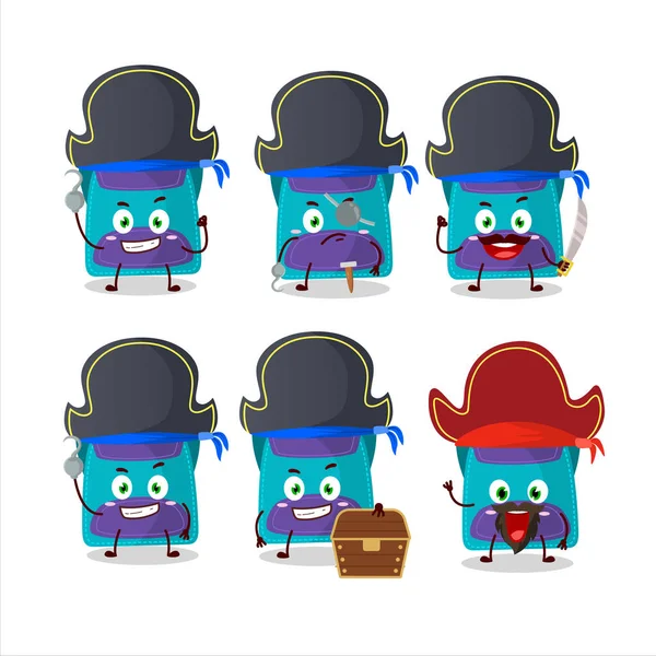 Personaje Dibujos Animados Bolso Azul Con Varios Emoticonos Piratas Ilustración — Archivo Imágenes Vectoriales