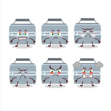 Çeşitli kızgın ifadeleri olan gri yemek kutusu çizgi film karakteri.