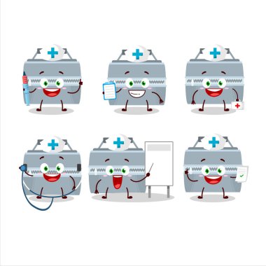 Gri beslenme çantası çizgi film karakteri olan doktor mesleği ifadesi.