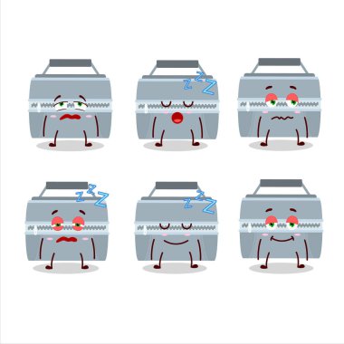 Uykulu ifadeli gri beslenme çantasının çizgi film karakteri