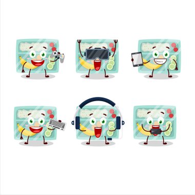 Beslenme çantası çizgi film karakteri çeşitli şirin duygu simgeleriyle oyunlar oynuyor