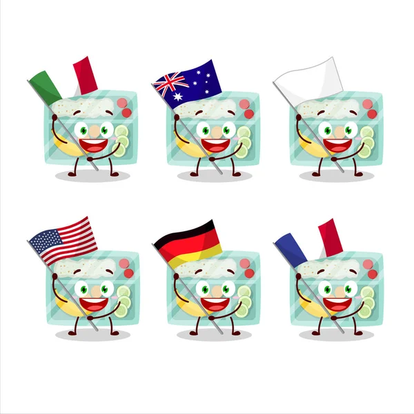 Lunch Box Stripfiguur Brengen Vlaggen Van Verschillende Landen Vector Illustratie — Stockvector