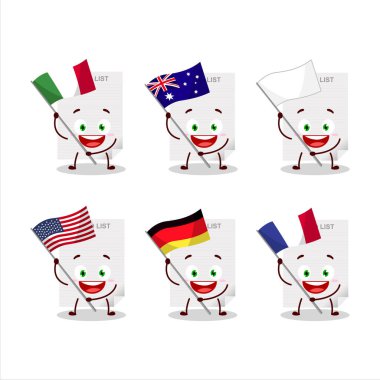 Yapılacaklar listesi çizgi film karakteri çeşitli ülkelerin bayraklarını getir. Vektör illüstrasyonu