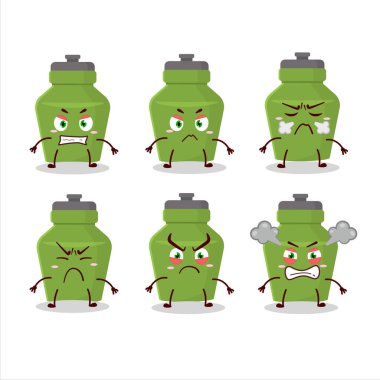 Çeşitli kızgın ifadeleri olan yeşil içecek şişesi çizgi film karakteri. Vektör illüstrasyonu.