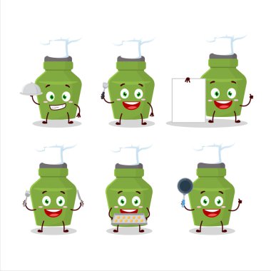 Çeşitli şef ifadeleriyle yeşil içki şişesinin çizgi film karakteri. Vektör illüstrasyonu.