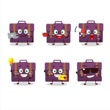 Çeşitli iş simgelerine sahip mor bavul çizgi film karakteri