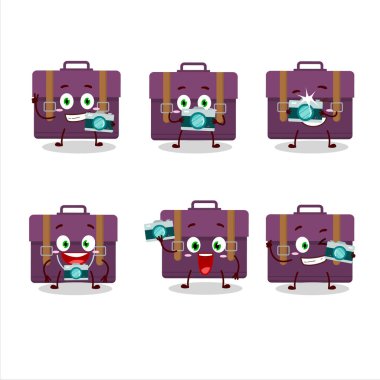 Mor bavul çizgi film karakteri ile fotoğrafçılık mesleği simgesi