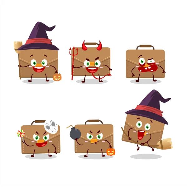 Émoticônes d'expression Halloween avec personnage de bande dessinée de valise marron — Image vectorielle