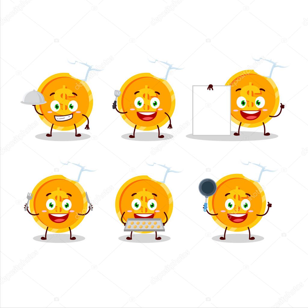 Cartoon character of coin with various chef emoticons