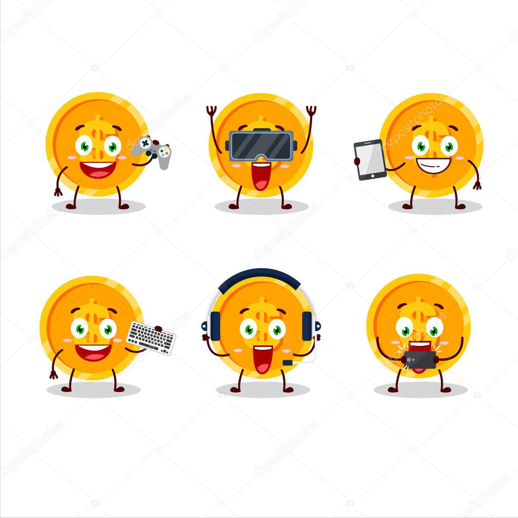 Coin cartoon character are playing games with various cute emoticons