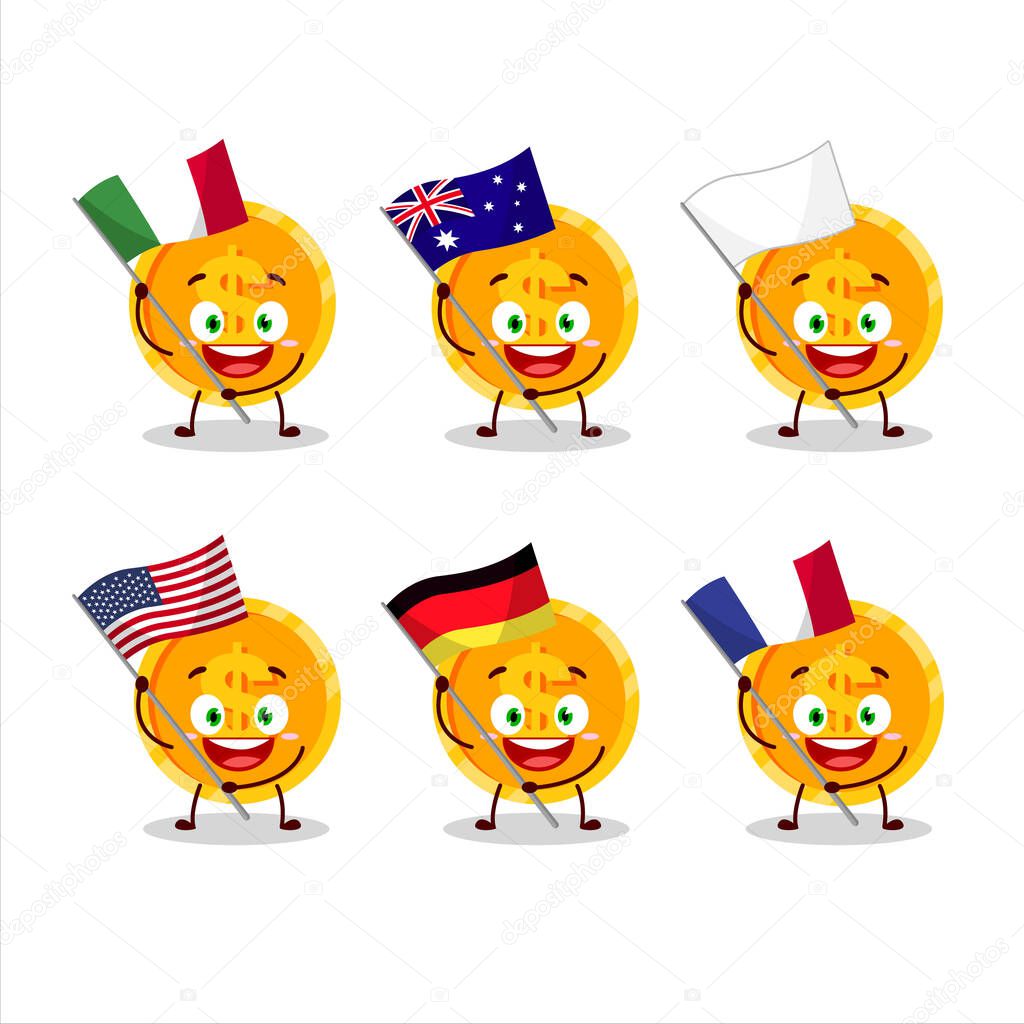 Coin cartoon character bring the flags of various countries