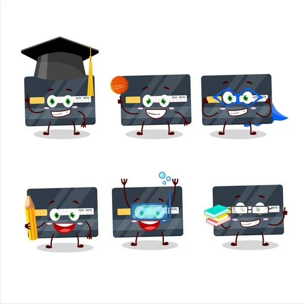 School student van credit card cartoon karakter met verschillende uitdrukkingen — Stockvector