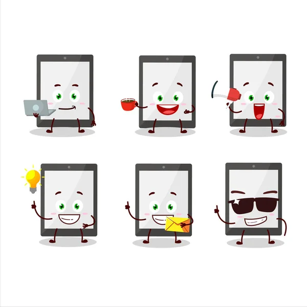 Tablet-Comicfigur mit verschiedenen Arten von Business-Emoticons — Stockvektor