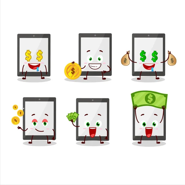 Tablet stripfiguur met schattige emoticon brengen geld — Stockvector