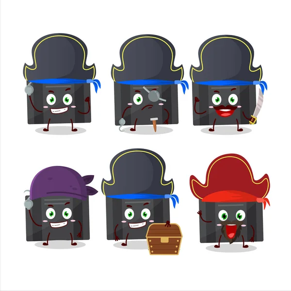Personaje de dibujos animados de maleta negra con varios emoticonos piratas — Vector de stock