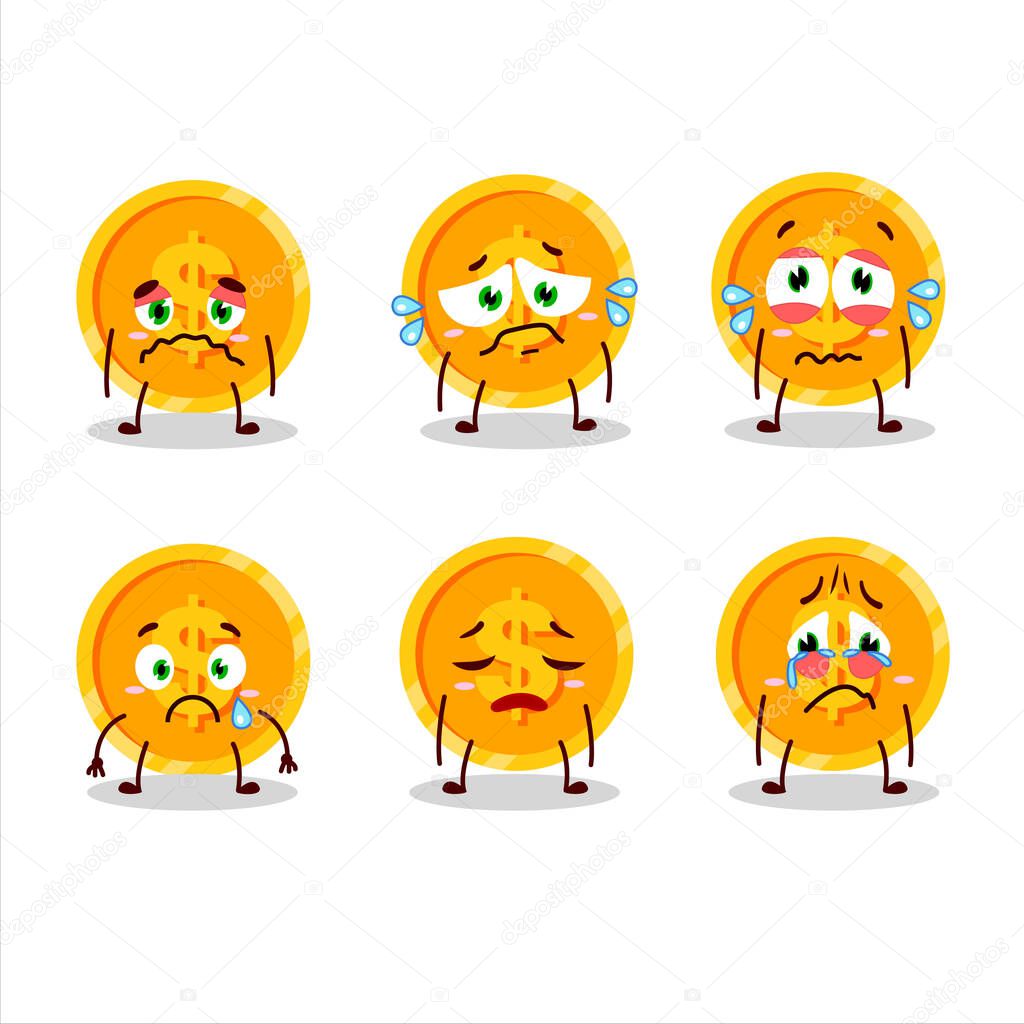 Coin cartoon in character with sad expression