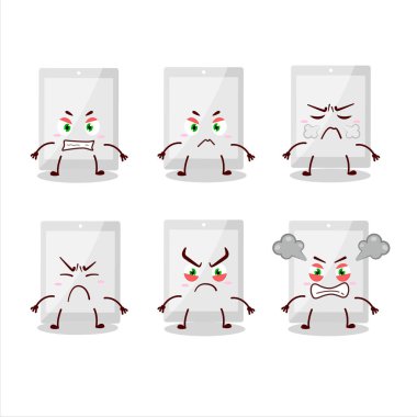 Çeşitli kızgın ifadeleri olan beyaz tablet çizgi film karakteri. Vektör illüstrasyonu