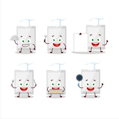 Çeşitli şef ifadeleriyle beyaz tabletin çizgi film karakteri. Vektör illüstrasyonu.