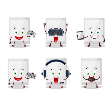 Beyaz tablet çizgi film karakteri çeşitli şirin ifadelerle oyunlar oynuyor. Vektör illüstrasyonu