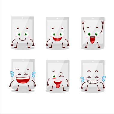 Gülme ifadeli beyaz tabletin çizgi film karakteri. Vektör illüstrasyonu