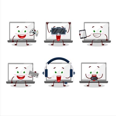 Dizüstü bilgisayar çizgi film karakteri çeşitli şirin ifadelerle oyunlar oynuyor