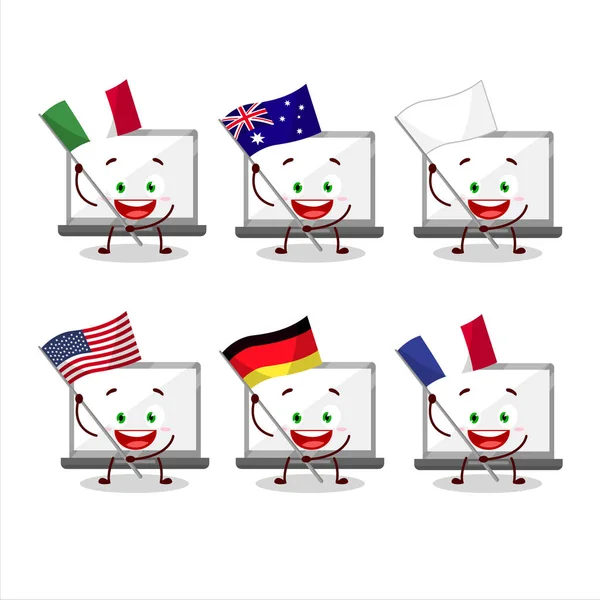 Laptop cartoon character bring the flags of various countries — Stock Vector