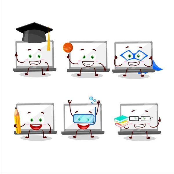 Школьник персонажа мультфильма на ноутбуке с различными выражениями — стоковый вектор