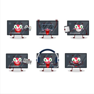 Video oynatma düğmesi çizgi film karakteri çeşitli şirin duygu simgeleriyle oyunlar oynuyor