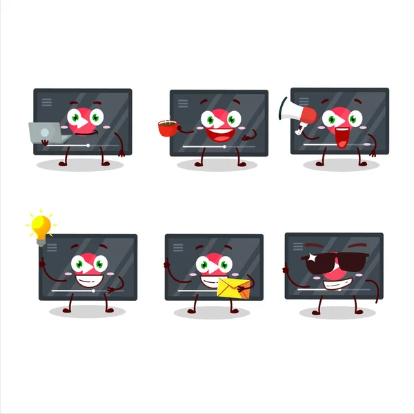 Bouton de lecture vidéo personnage de dessin animé avec différents types d'émoticônes d'affaires — Image vectorielle