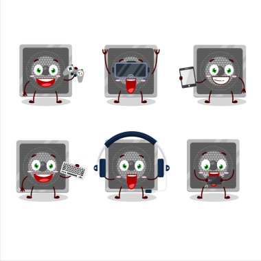 Müzik hoparlörü çizgi film karakteri çeşitli şirin ifadelerle oyunlar oynuyor