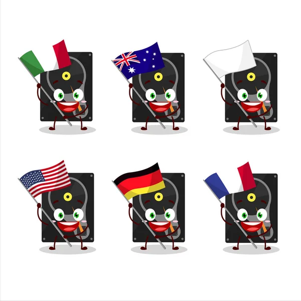 Hardisk personaggio dei cartoni animati portare le bandiere di vari paesi — Vettoriale Stock