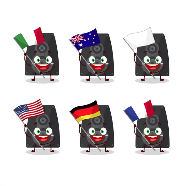 Personnage de bande dessinée haut-parleur stéréo apporter les drapeaux de divers pays — Image vectorielle