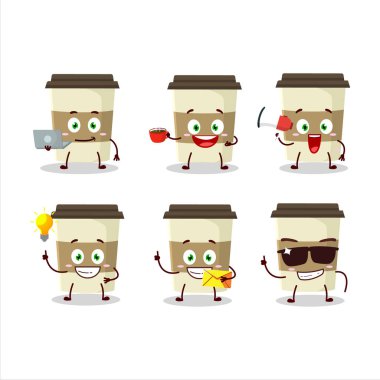 Kahve fincanı çizgi film karakteri ve çeşitli iş simgeleri. Vektör illüstrasyonu.