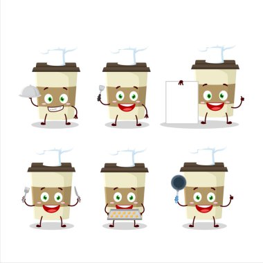 Çeşitli şef ifadeleriyle kahve fincanının çizgi film karakteri. Vektör illüstrasyonu.