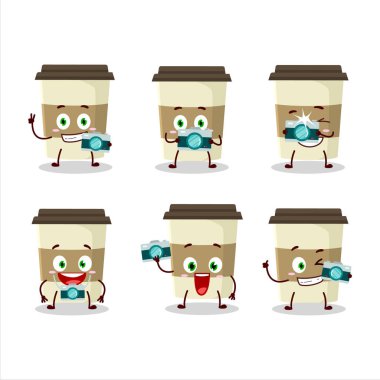 Kahve fincanı karikatürü karakterli fotoğrafçı mesleği ifadesi. Vektör illüstrasyonu