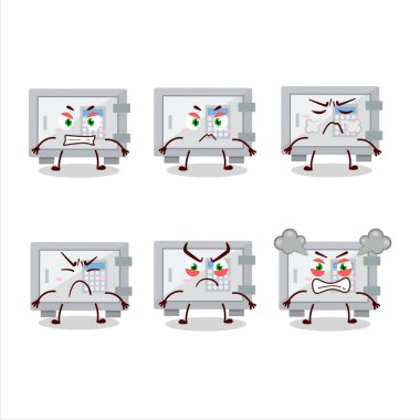 Çeşitli kızgın ifadeleri olan dijital güvenli kutu çizgi film karakteri. Vektör illüstrasyonu