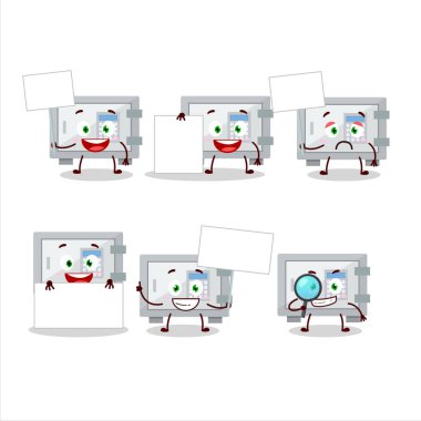 Dijital güvenli kutu çizgi film karakteri bilgi tahtası getirir. Vektör illüstrasyonu