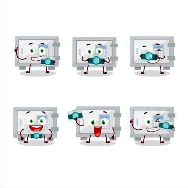 Dijital güvenli kutu çizgi film karakterli fotoğrafçı mesleği simgesi. Vektör illüstrasyonu