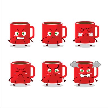 Çeşitli sinirli ifadeleri olan bir bardak kahve çizgi film karakteri.