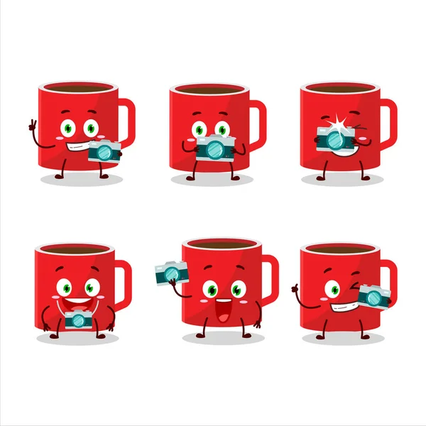 Photographer profession emoticon with glass of coffee cartoon character — Stock Vector