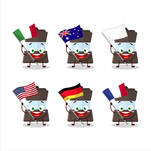 Mokka Personaje Dibujos Animados Olla Traer Las Banderas Varios Países — Vector de stock