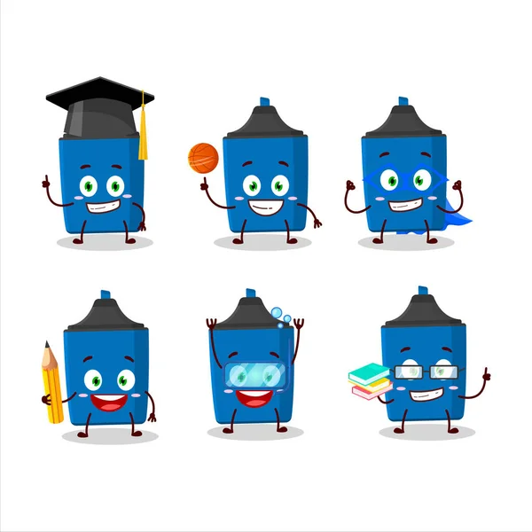 Estudiante de la escuela de nuevo personaje de dibujos animados resaltador azul con varias expresiones — Vector de stock